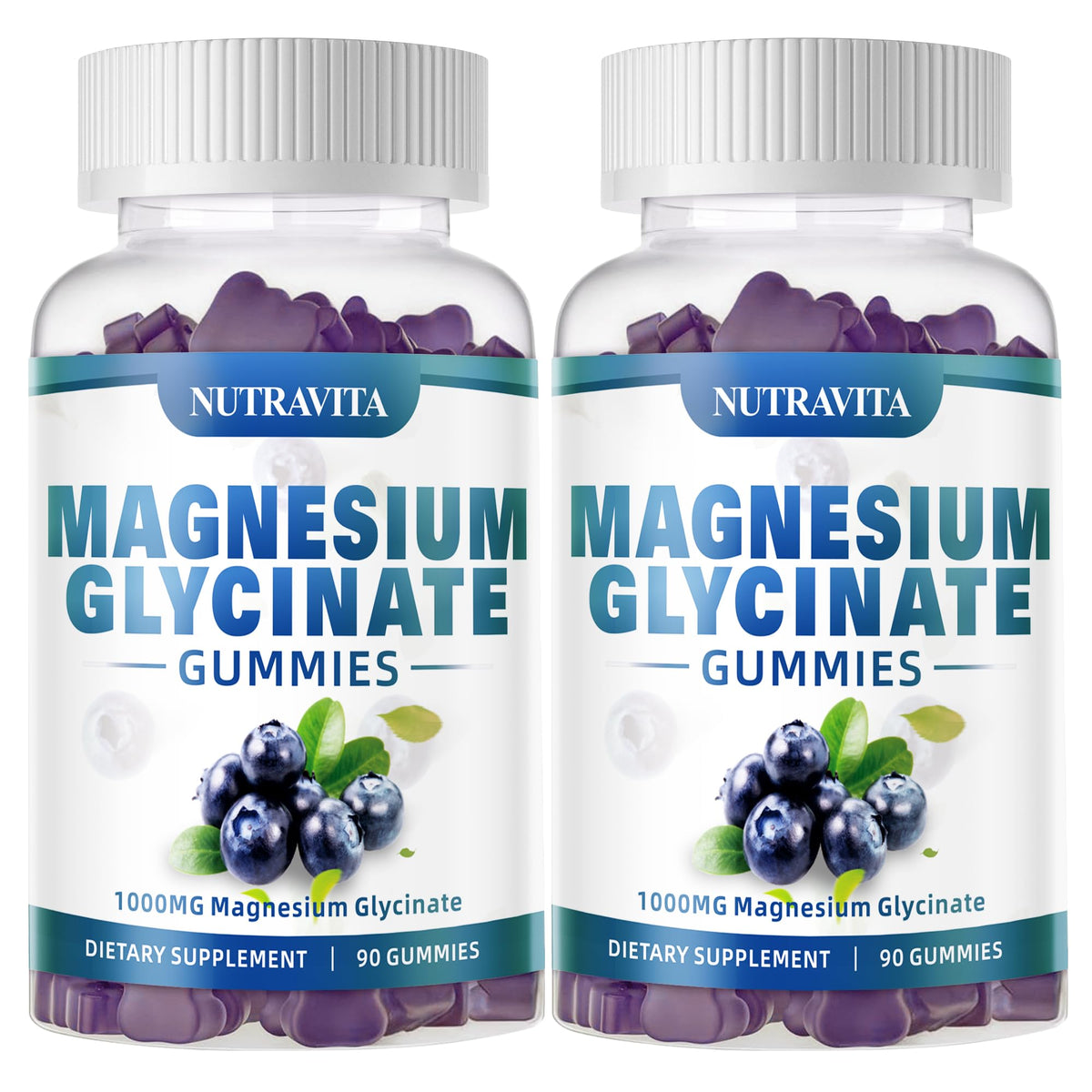Nutravita Magnesium Glycinate Gummies blueberry bottle on a light surface for daily calm support.