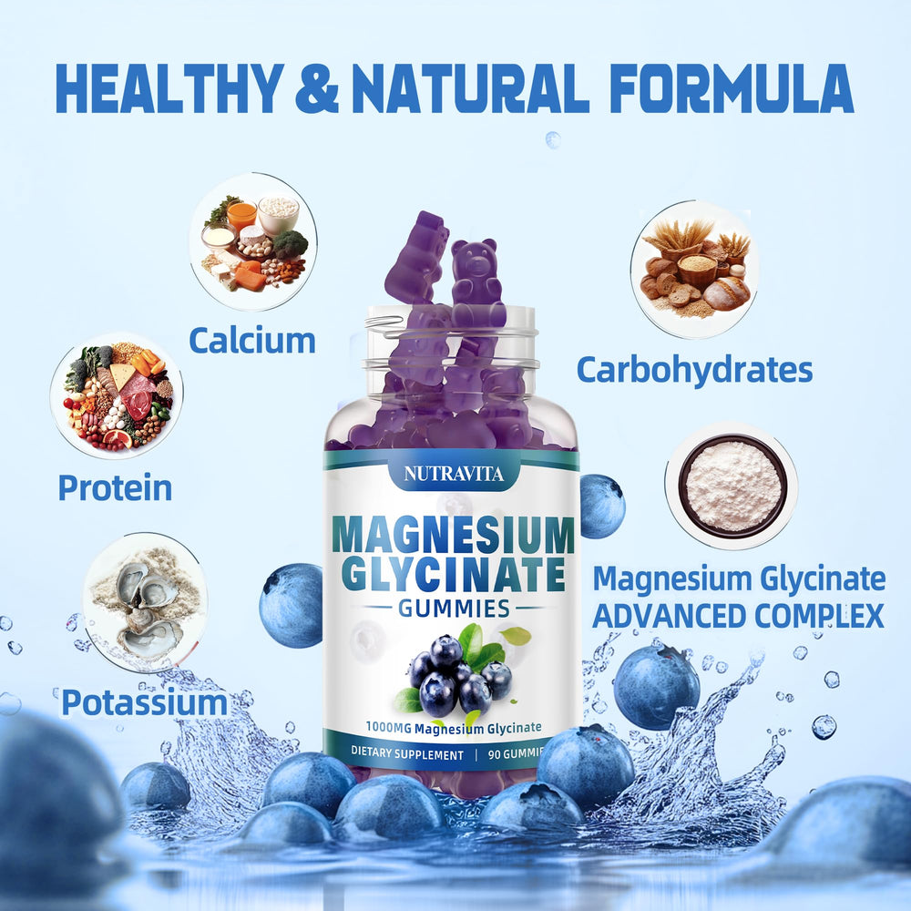 Nutravita Magnesium Glycinate Gummies blueberry close-up shows chewy texture for easy daily intake.