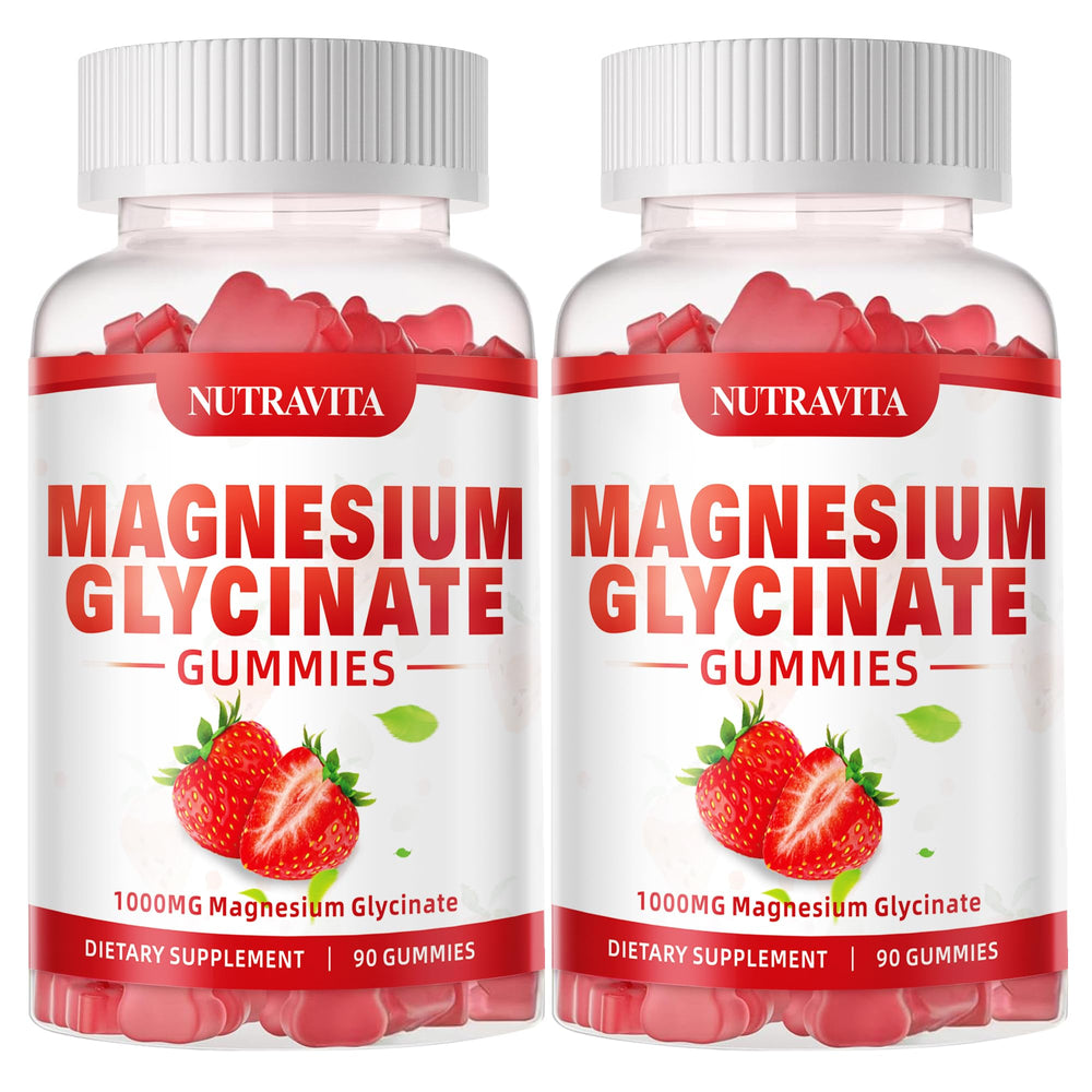 Nutravita Magnesium Glycinate Gummies bottle closeup for daily calm and focus.