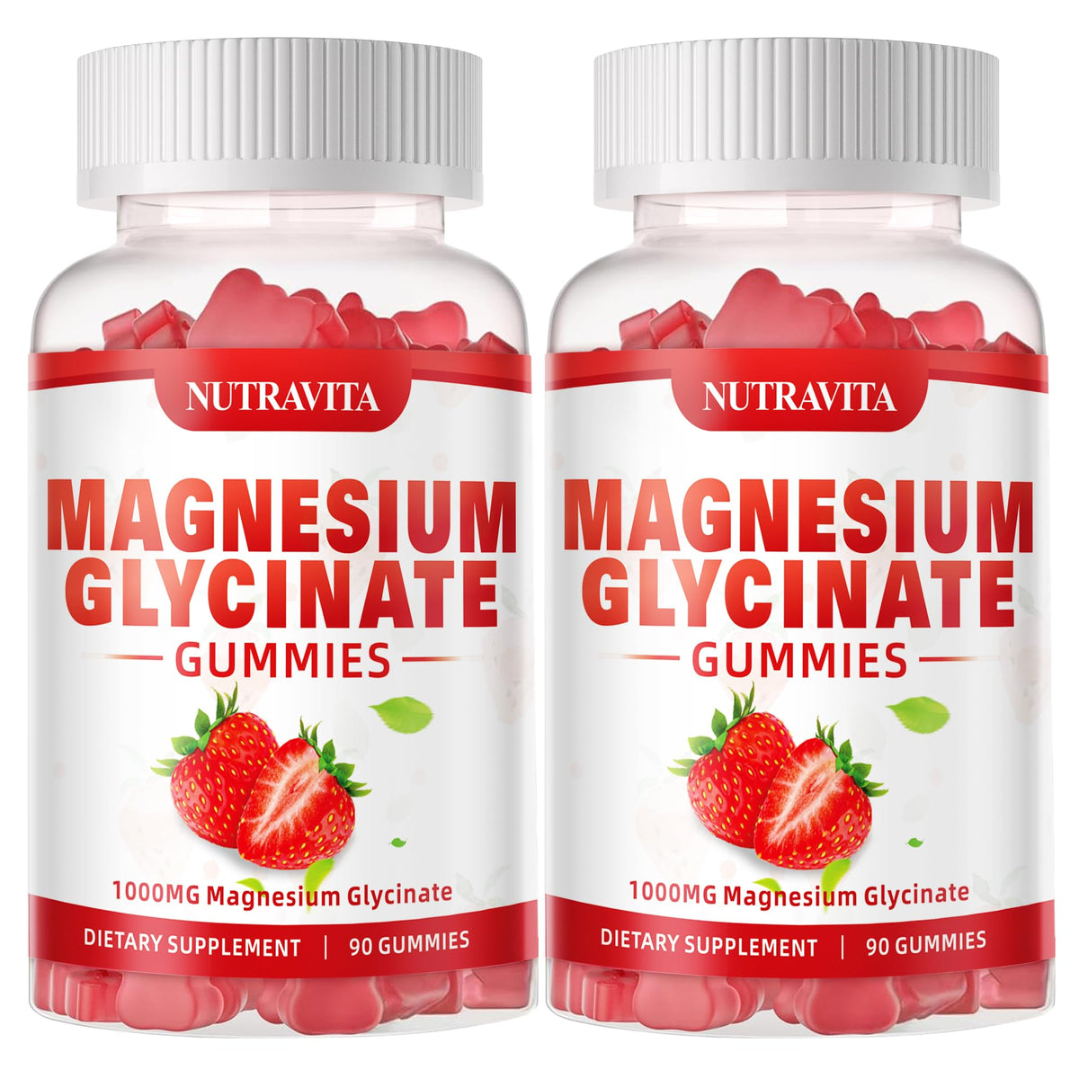 Nutravita Magnesium Glycinate Gummies bottle closeup for daily calm and focus.