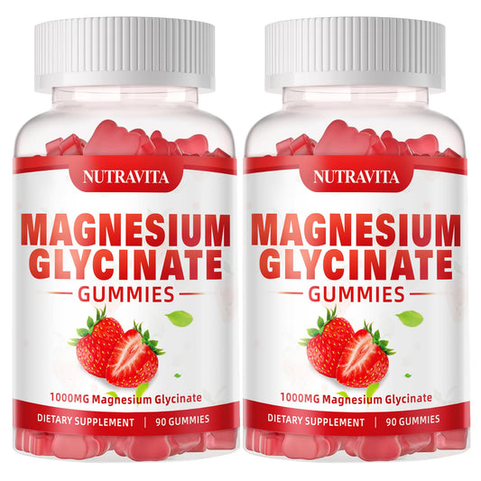 Nutravita Magnesium Glycinate Gummies bottle closeup for daily calm and focus.