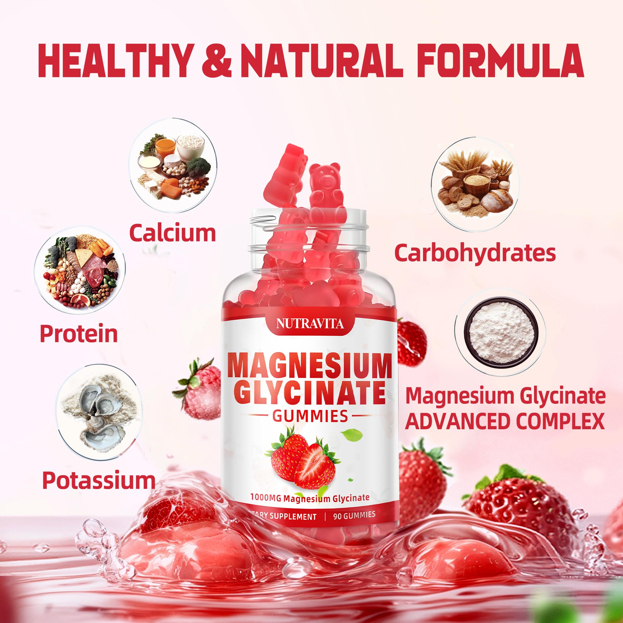 Nutravita Magnesium Glycinate Gummies raspberry texture closeup for easy chewing.