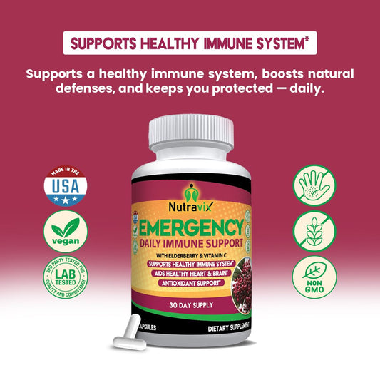 NutraviX elderberry capsules close-up highlighting vegan, easy-to-swallow capsules.