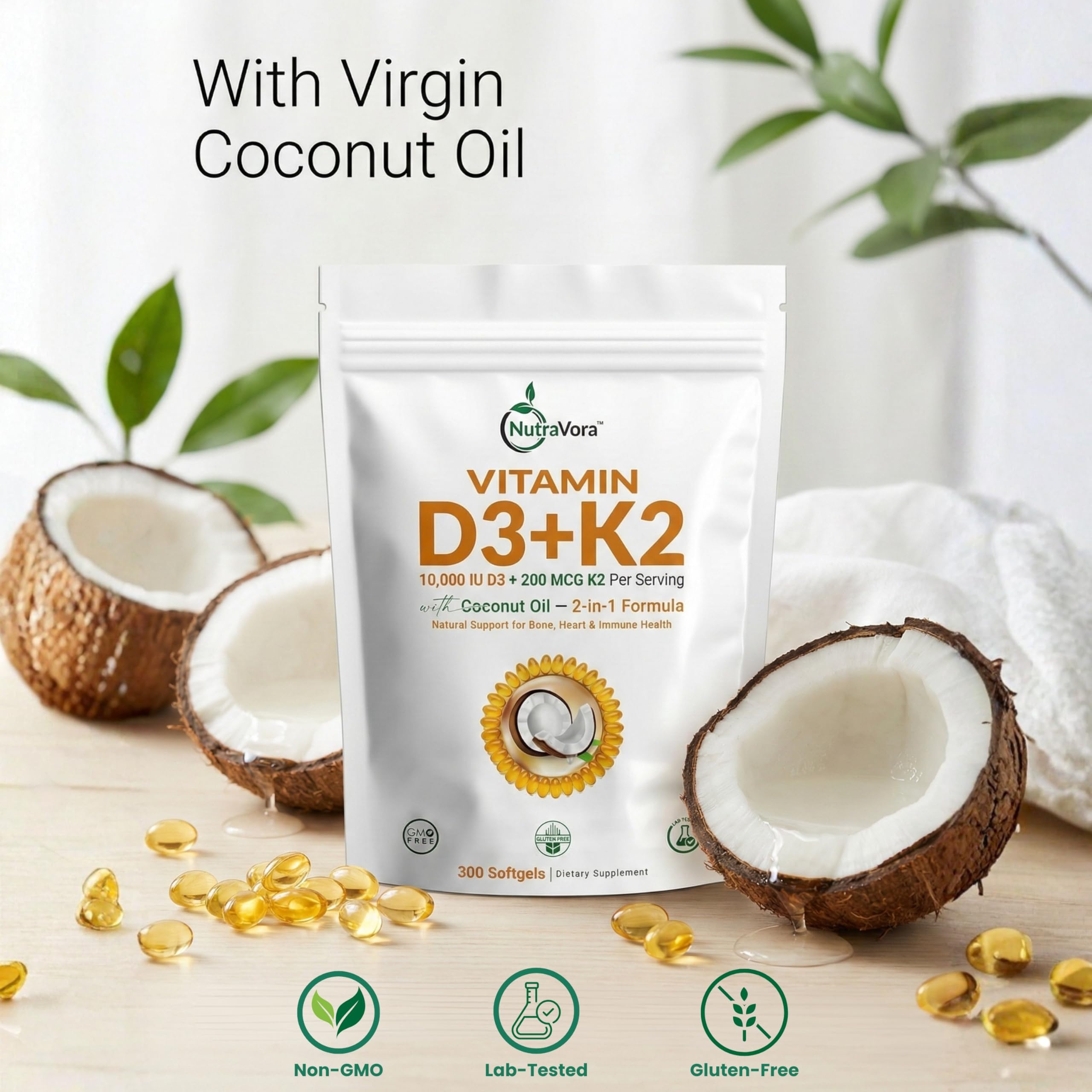 NutraVora softgel bottle with coconut oil image for enhanced uptake.