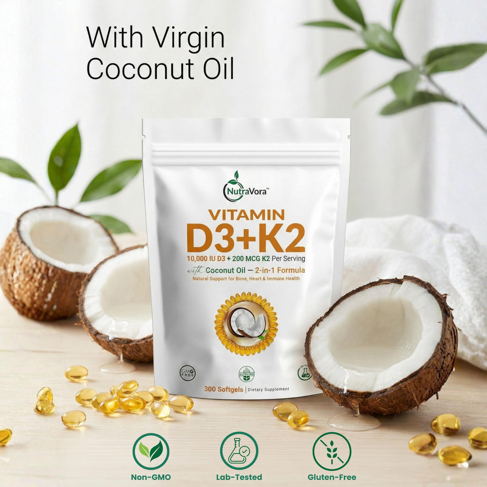 NutraVora softgel bottle with coconut oil image for enhanced uptake.