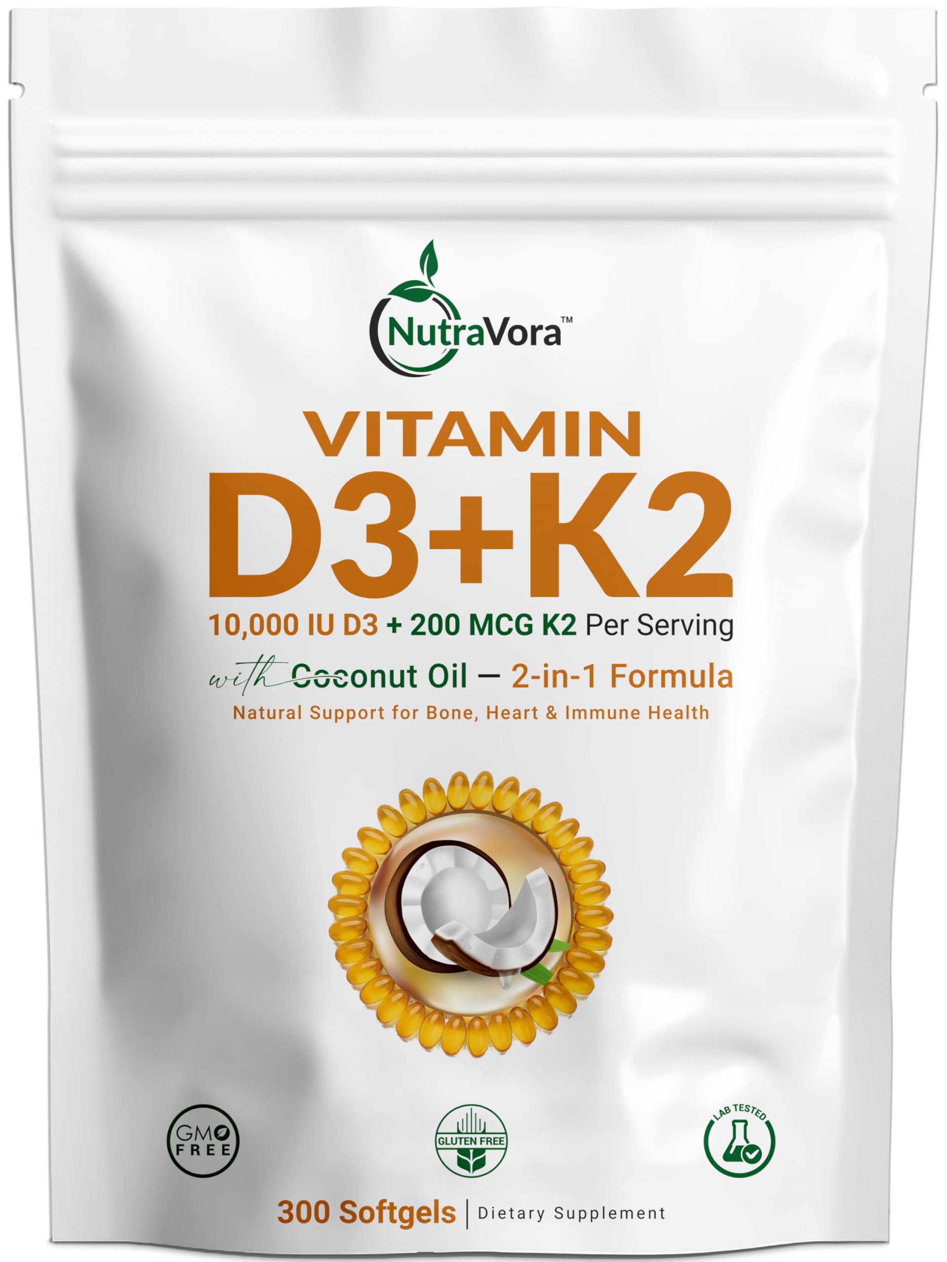 NutraVora Vitamin D3 K2 softgel bottle highlighting bone and heart support.