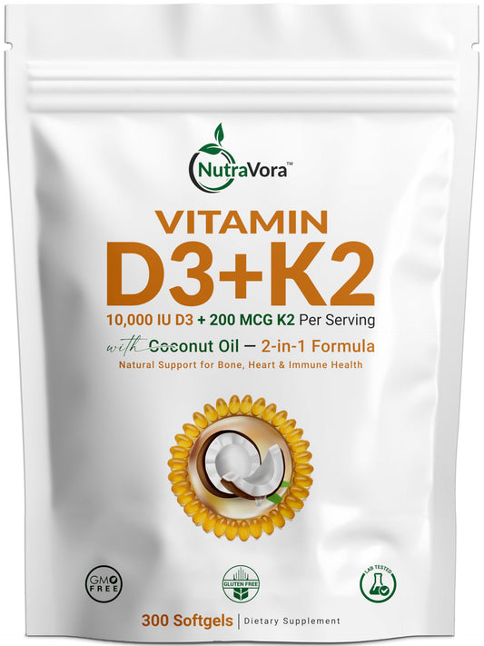 NutraVora Vitamin D3 K2 softgel bottle highlighting bone and heart support.