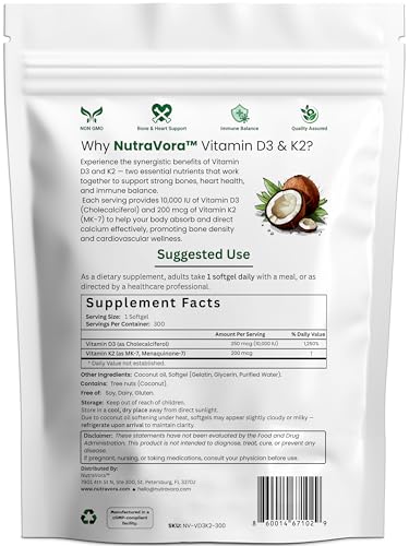 NutraVora D3 K2 softgels in bottle for daily calcium absorption support.