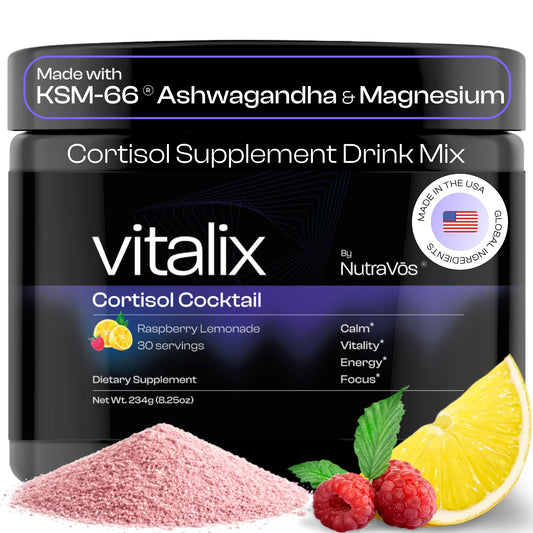 NutraVos Vitalix bottle pours for easy daily cortisol support.