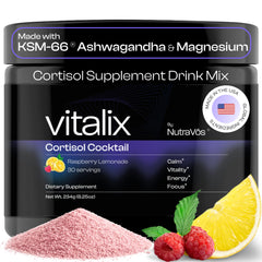 NutraVos Vitalix bottle pours for easy daily cortisol support.