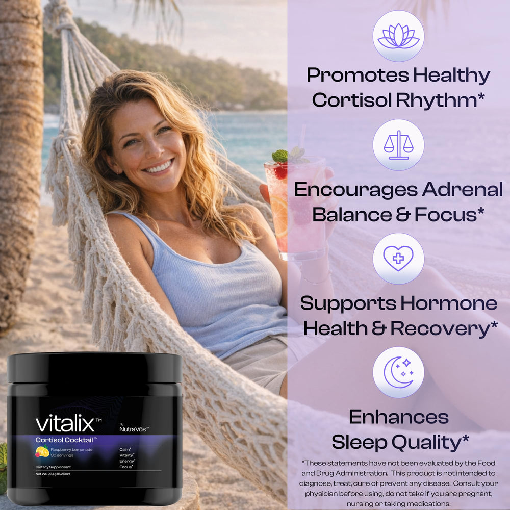NutraVos Vitalix glass with raspberry lemonade for refreshing stress support.