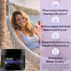 NutraVos Vitalix glass with raspberry lemonade for refreshing stress support.