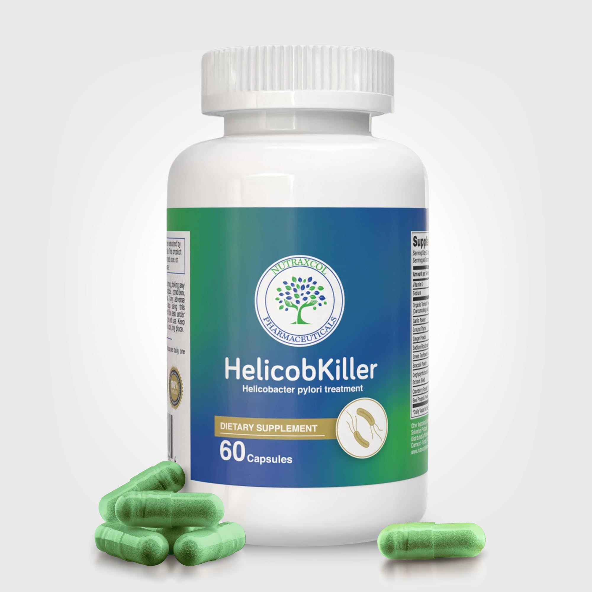 Nutraxcol HELICOBKILLER bottle front view promoting digestive balance with herbs