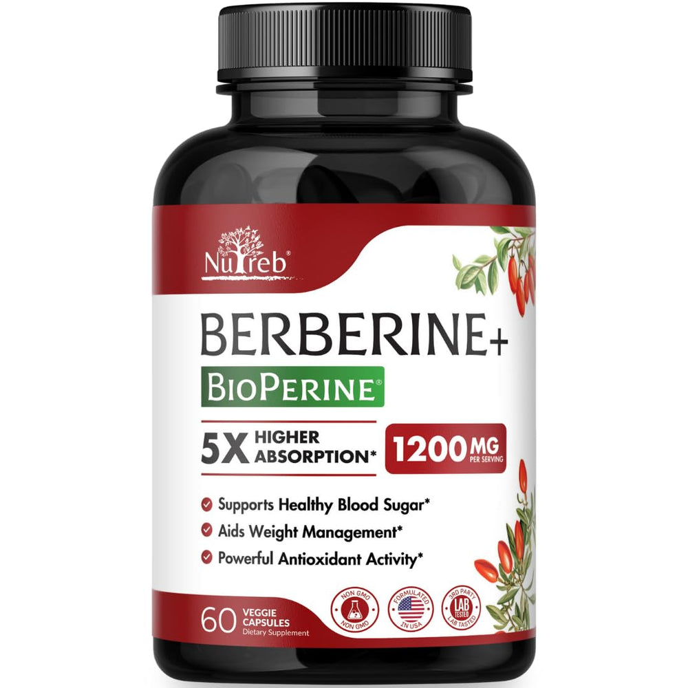 Nutreb Berberine 1200mg bottle front signals premium daily wellness.