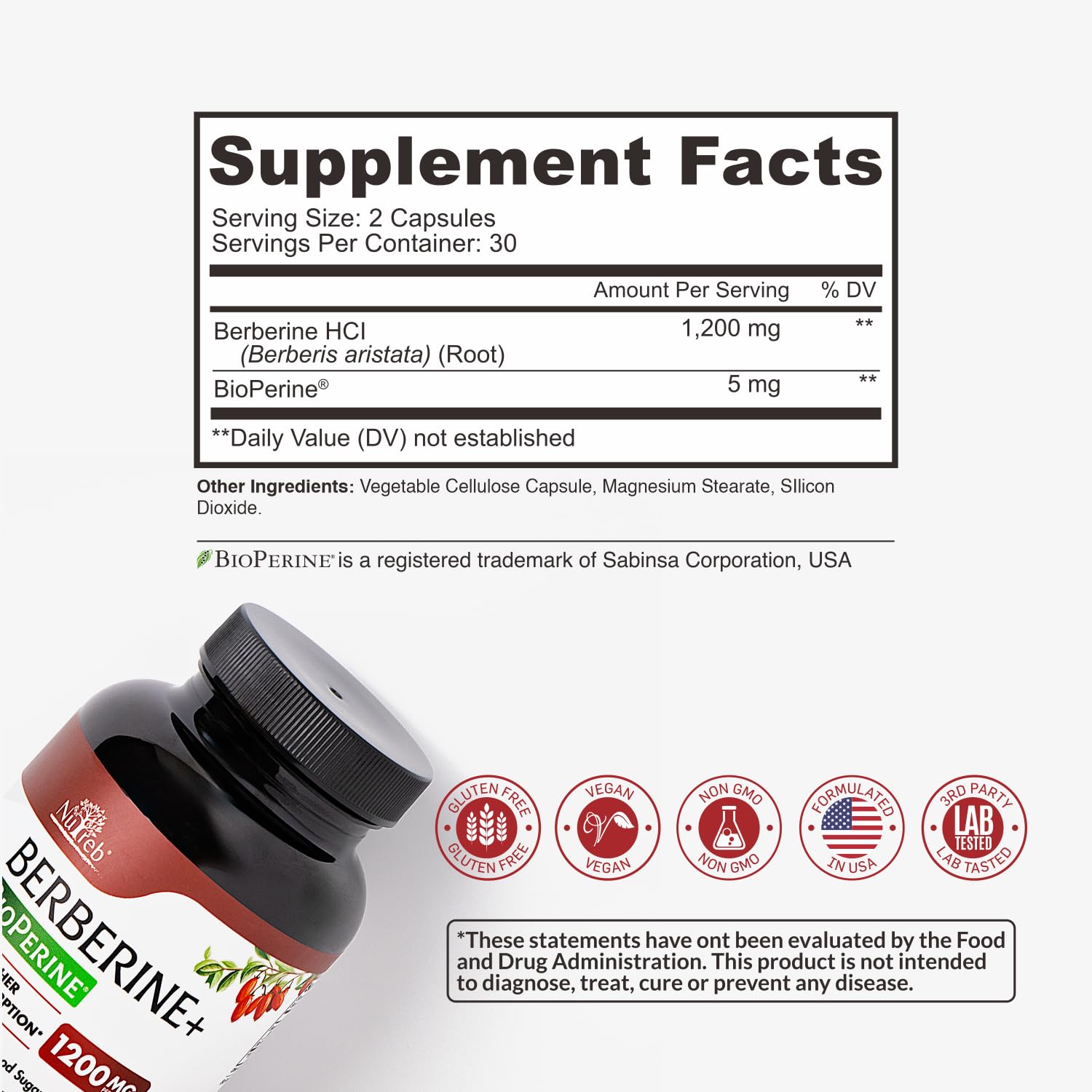 Nutreb Berberine vegan capsules packaging highlights non-GMO formula.