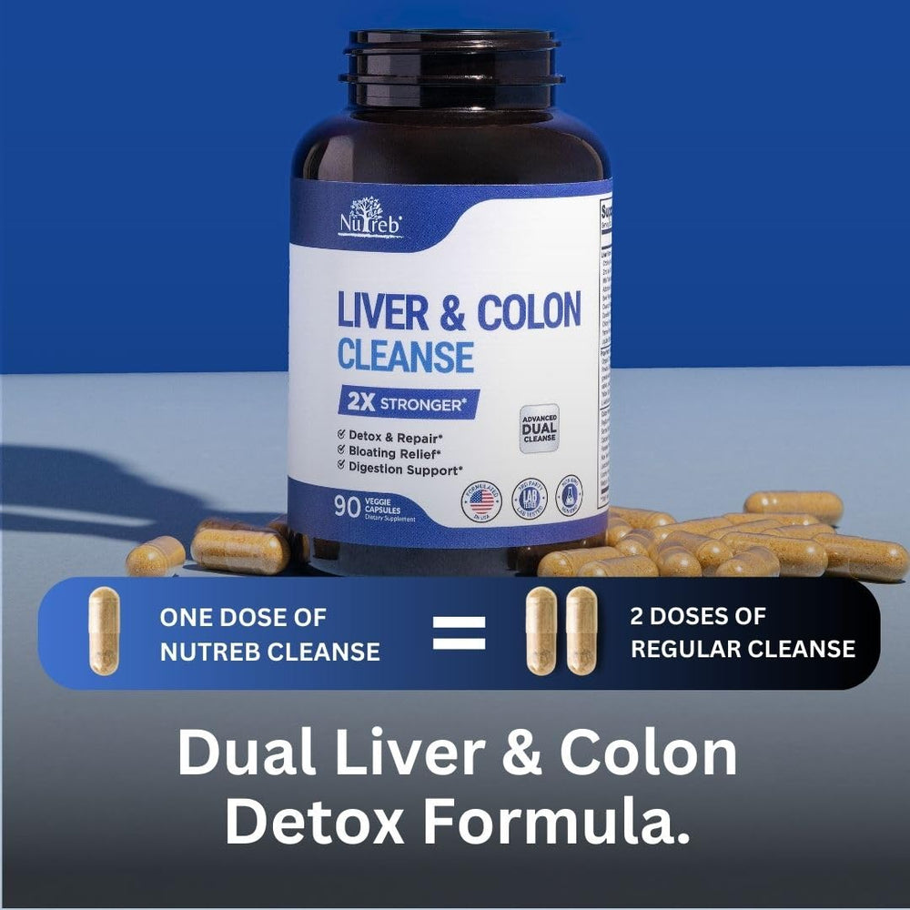 Nutreb Liver Detox pills close-up showing natural extract blends.