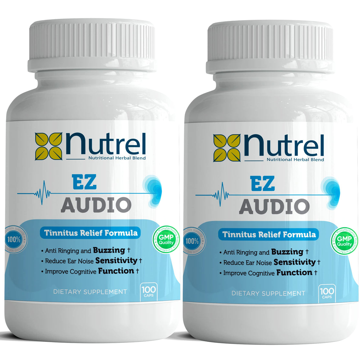 Nutrel Ez Audio bottle front view showing 100 capsules for tinnitus support
