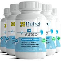 Nutrel Ez Audio packaging box showing USA-made natural tinnitus support