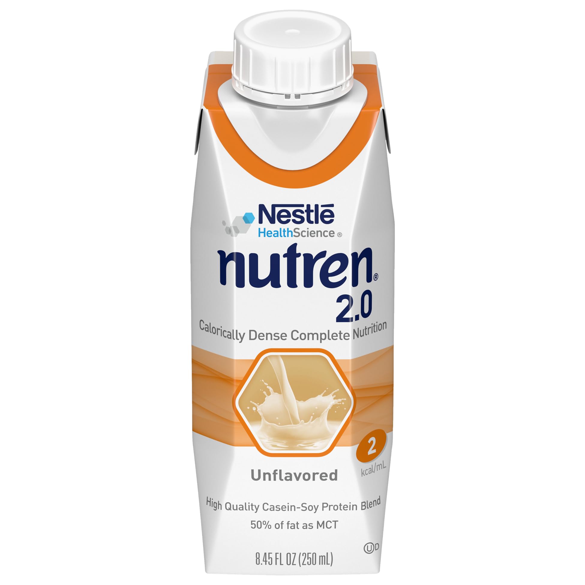 Nutren 2.0 tube-feeding bottle front view shows caloric-dense nutrition for high-energy needs.