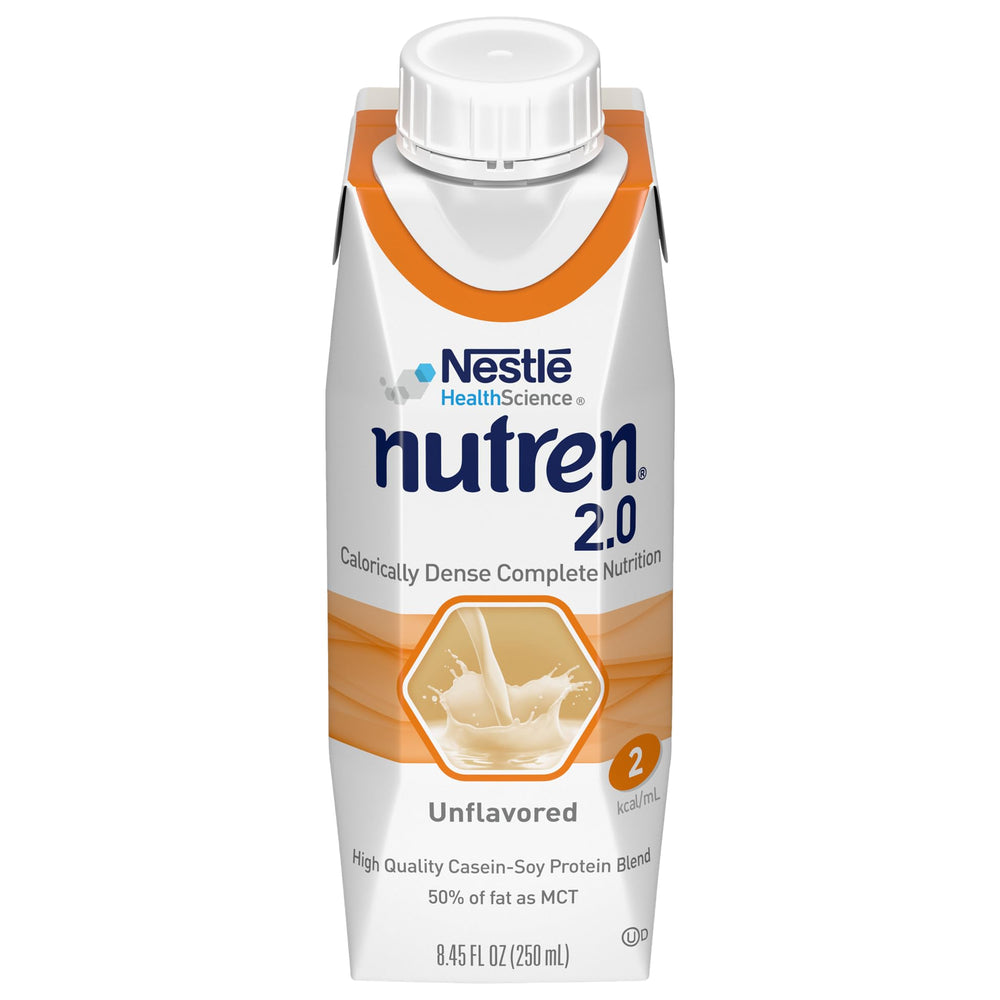 Nutren 2.0 tube-feeding bottle front view shows caloric-dense nutrition for high-energy needs.