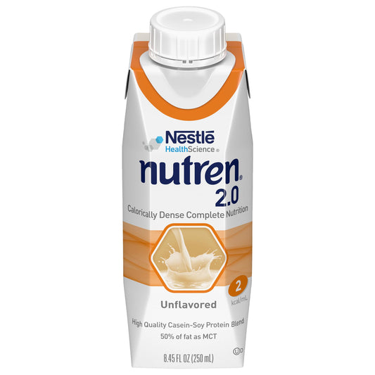 Nutren 2.0 tube-feeding bottle front view shows caloric-dense nutrition for high-energy needs.