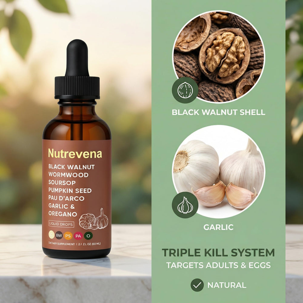 Nutrevena Gut Cleanse liquid being mixed in water for convenient intake.