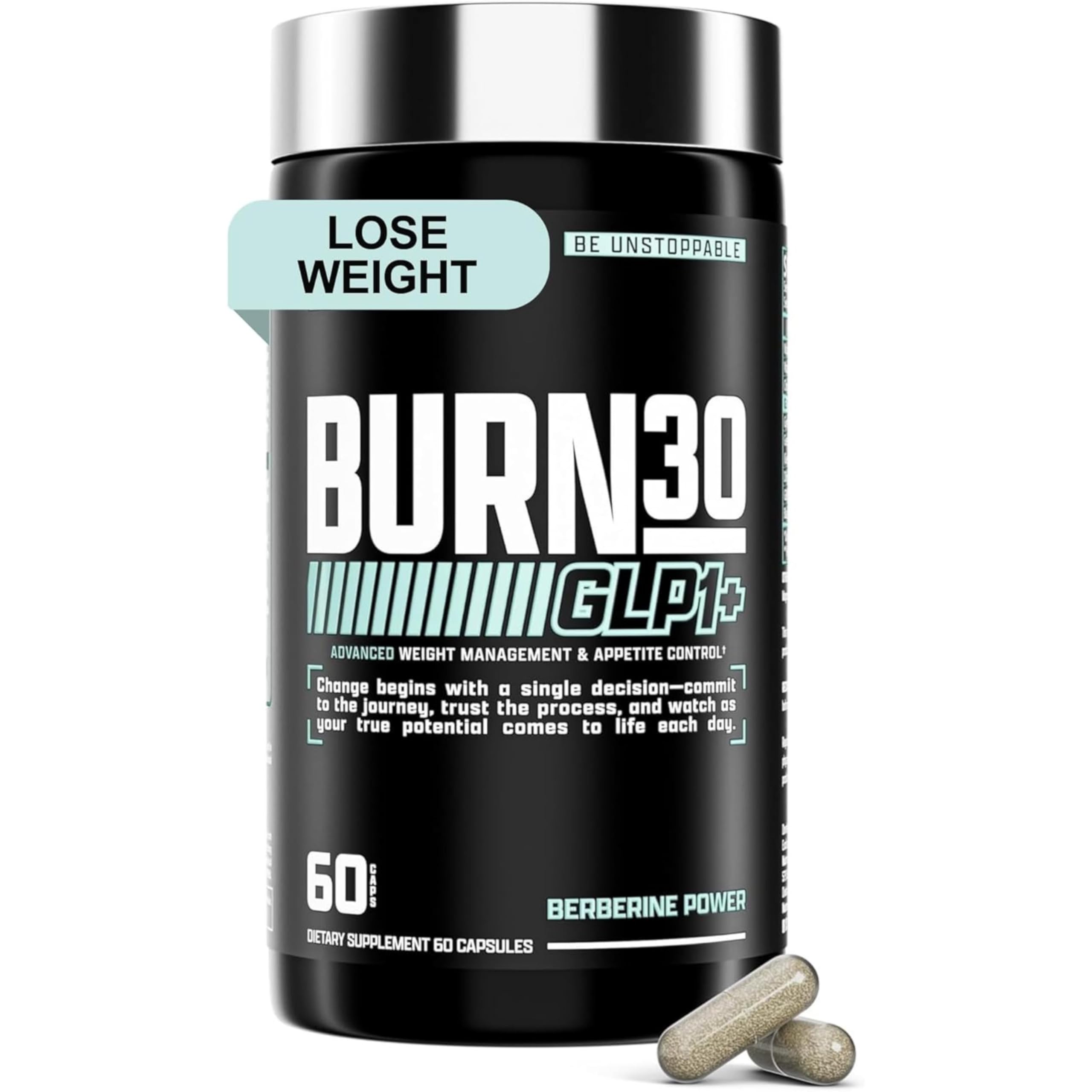 Nutrex Burn30 bottle on table highlighting appetite control support.