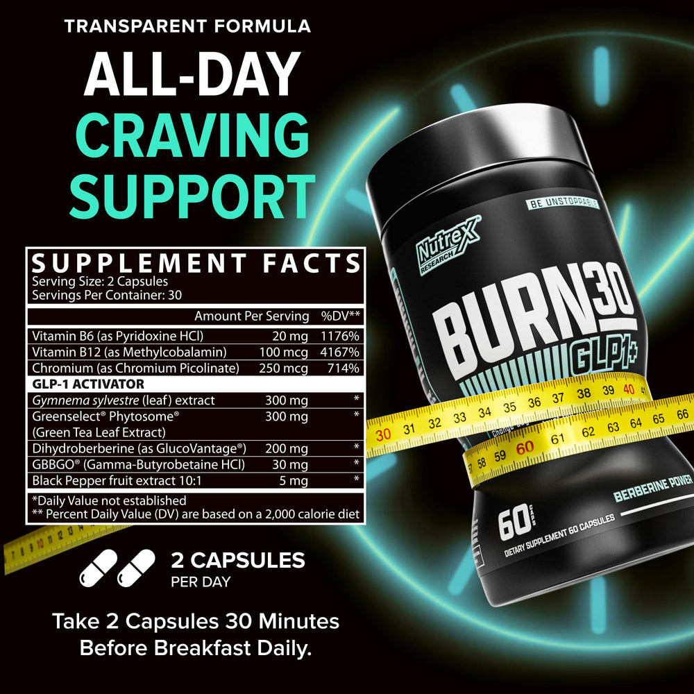 Kitchen counter view with Burn30 packaging emphasizing stimulant-free design.