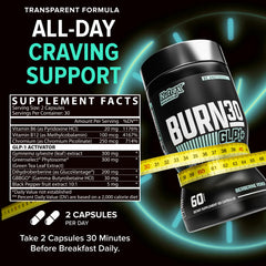 Kitchen counter view with Burn30 packaging emphasizing stimulant-free design.