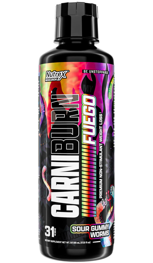 Nutrex Carniburn liquid bottle shows 3000mg L-Carnitine for fat utilization.
