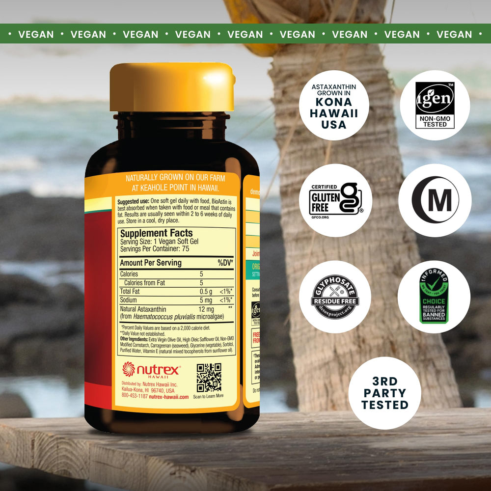 Nutrex Hawaii BioAstin softgels closeup highlighting vegan capsules and vibrant orange color