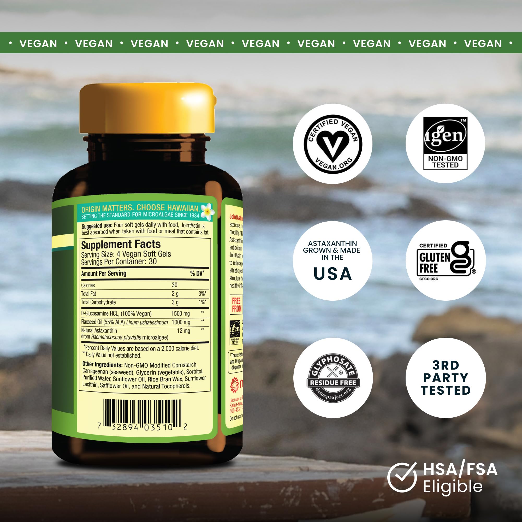 Nutrex Hawaii JointAstin softgels closeup highlighting convenient daily capsules