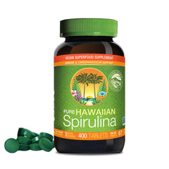 Nutrex Hawaii Pure Hawaiian Spirulina bottle front – clean vegan energy potential.