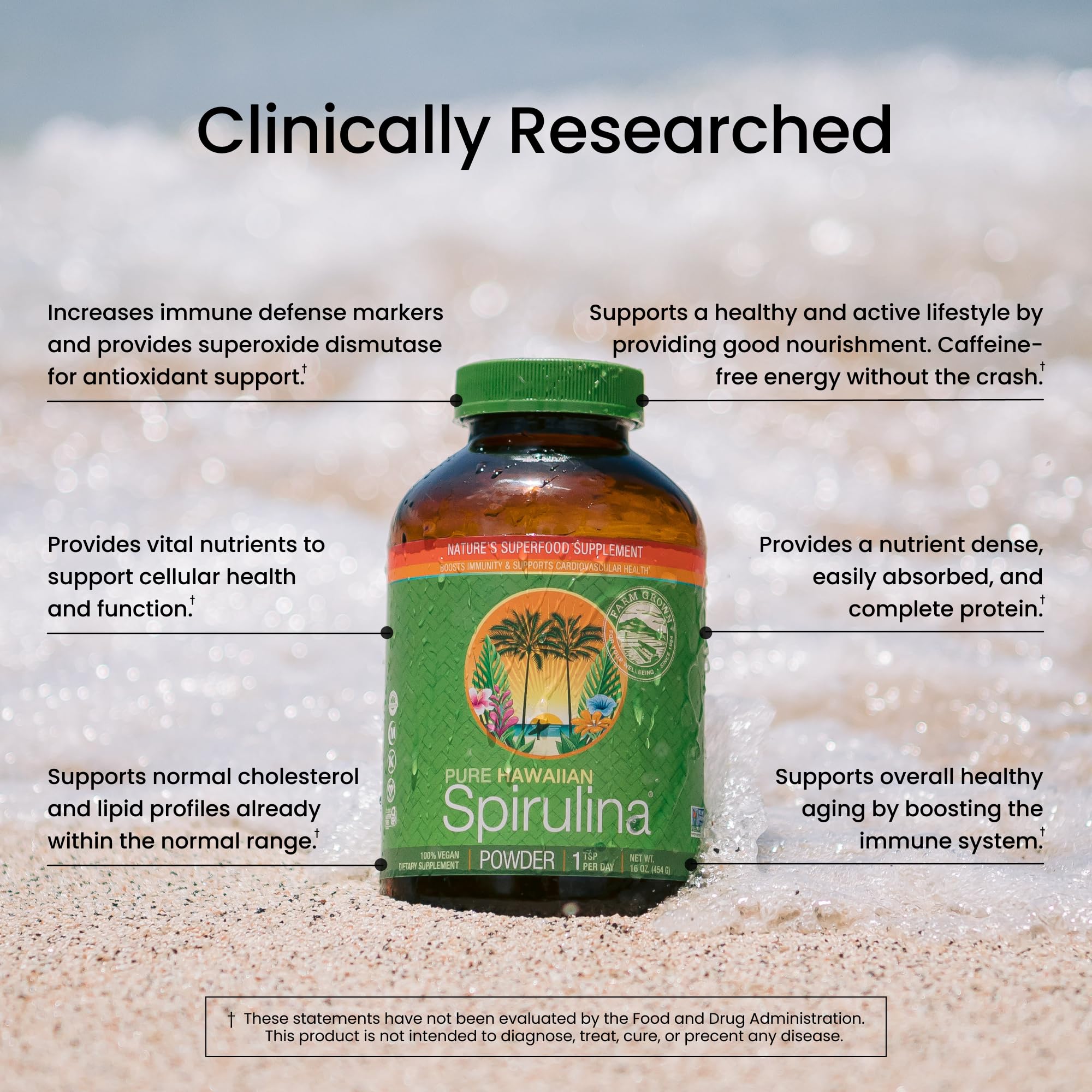 Nutrex Hawaii spirulina packaging label emphasizes non-GMO, vegan, and pure origins.