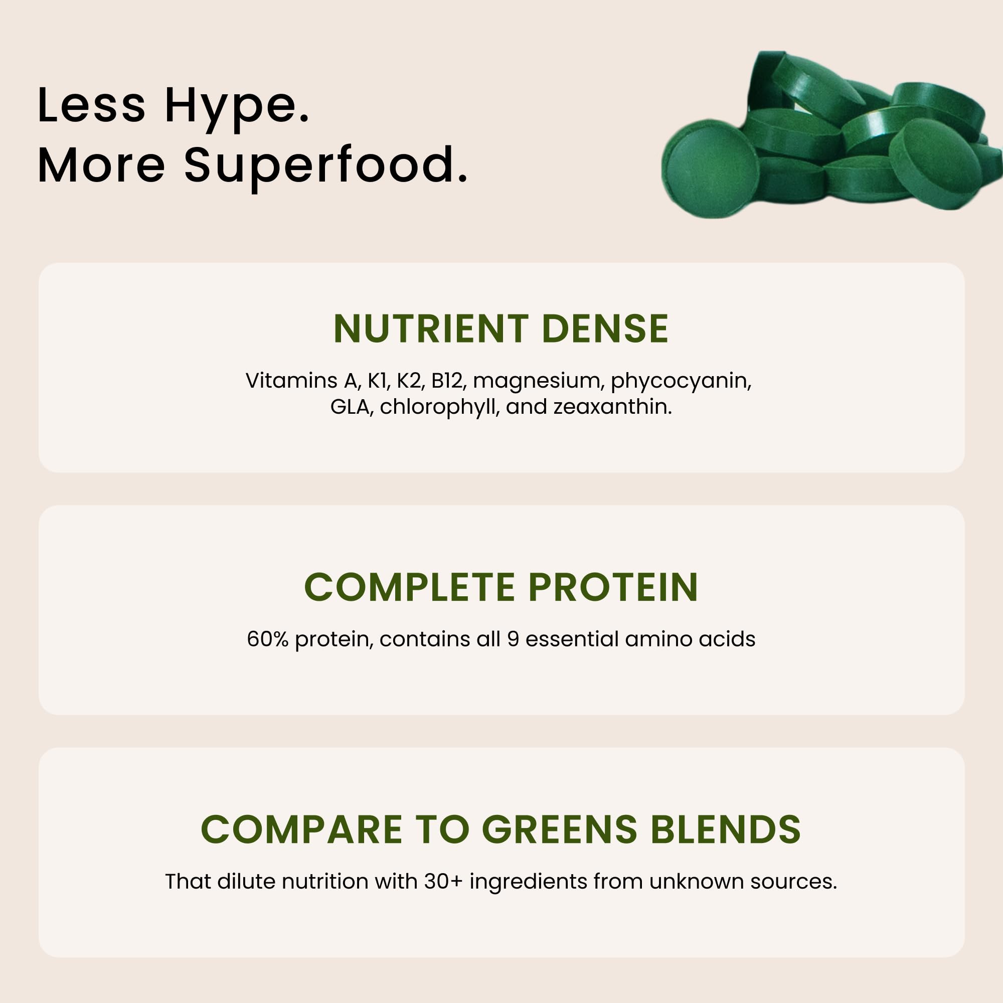 Nutrex Hawaii Pure Hawaiian Spirulina tablets close-up – vibrant green color and plant-based protein source.