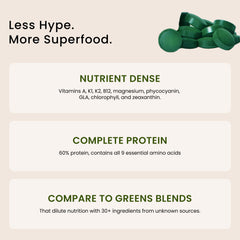Nutrex Hawaii Pure Hawaiian Spirulina tablets close-up – vibrant green color and plant-based protein source.