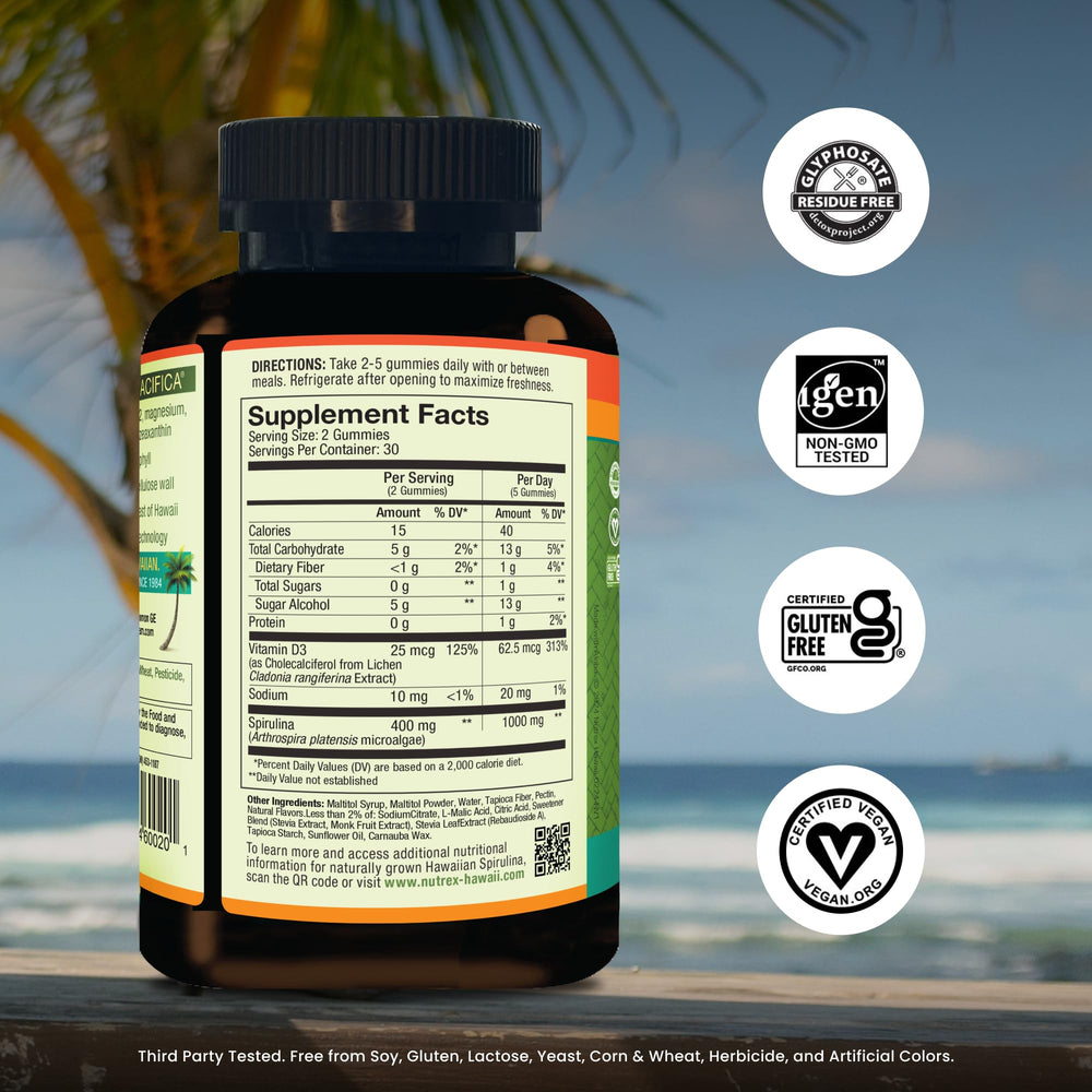 Nutrex Hawaii Spirulina Gummies closeup highlighting chewy texture and vibrant green color