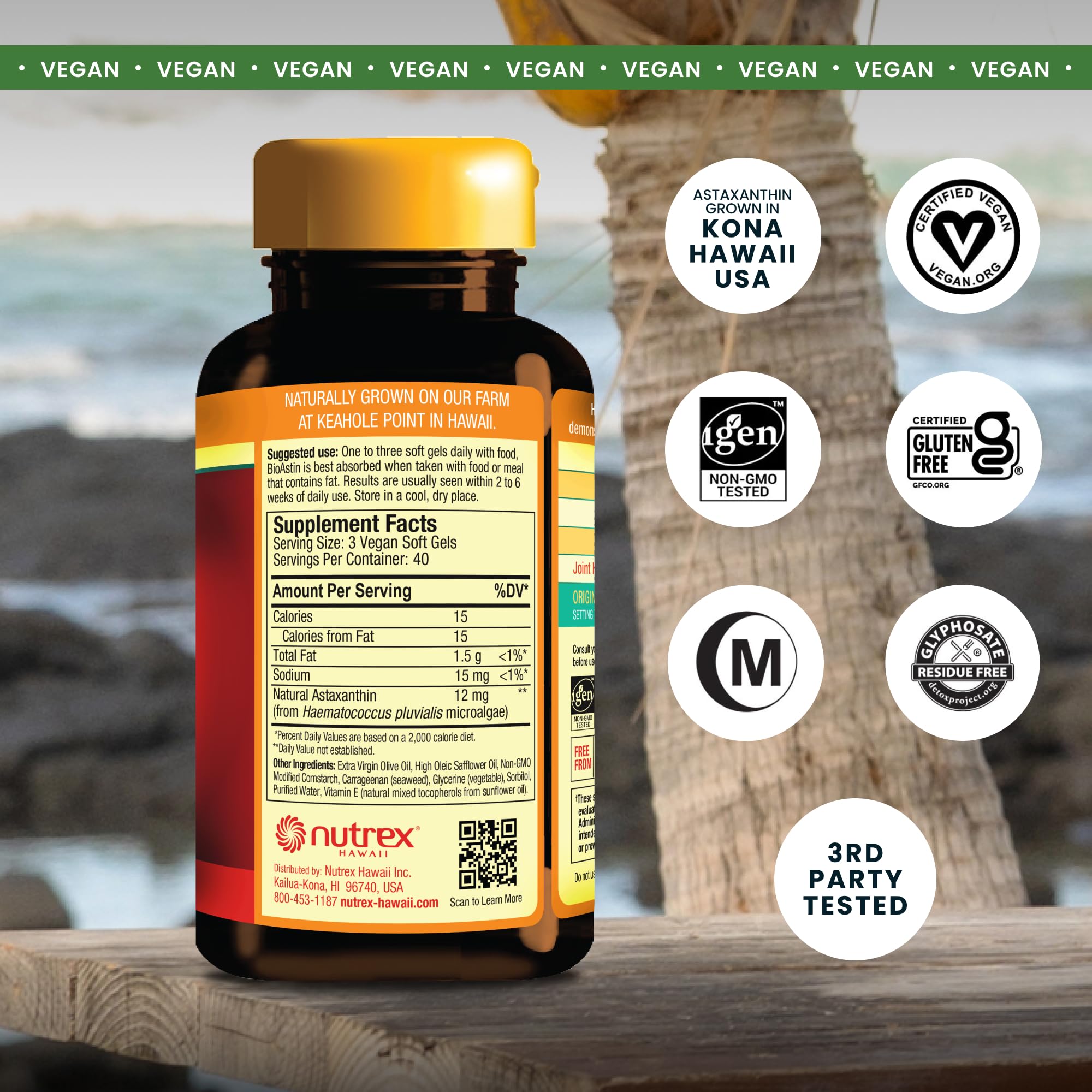 Nutrex Hawaii BioAstin softgel close-up highlighting vegan capsules.