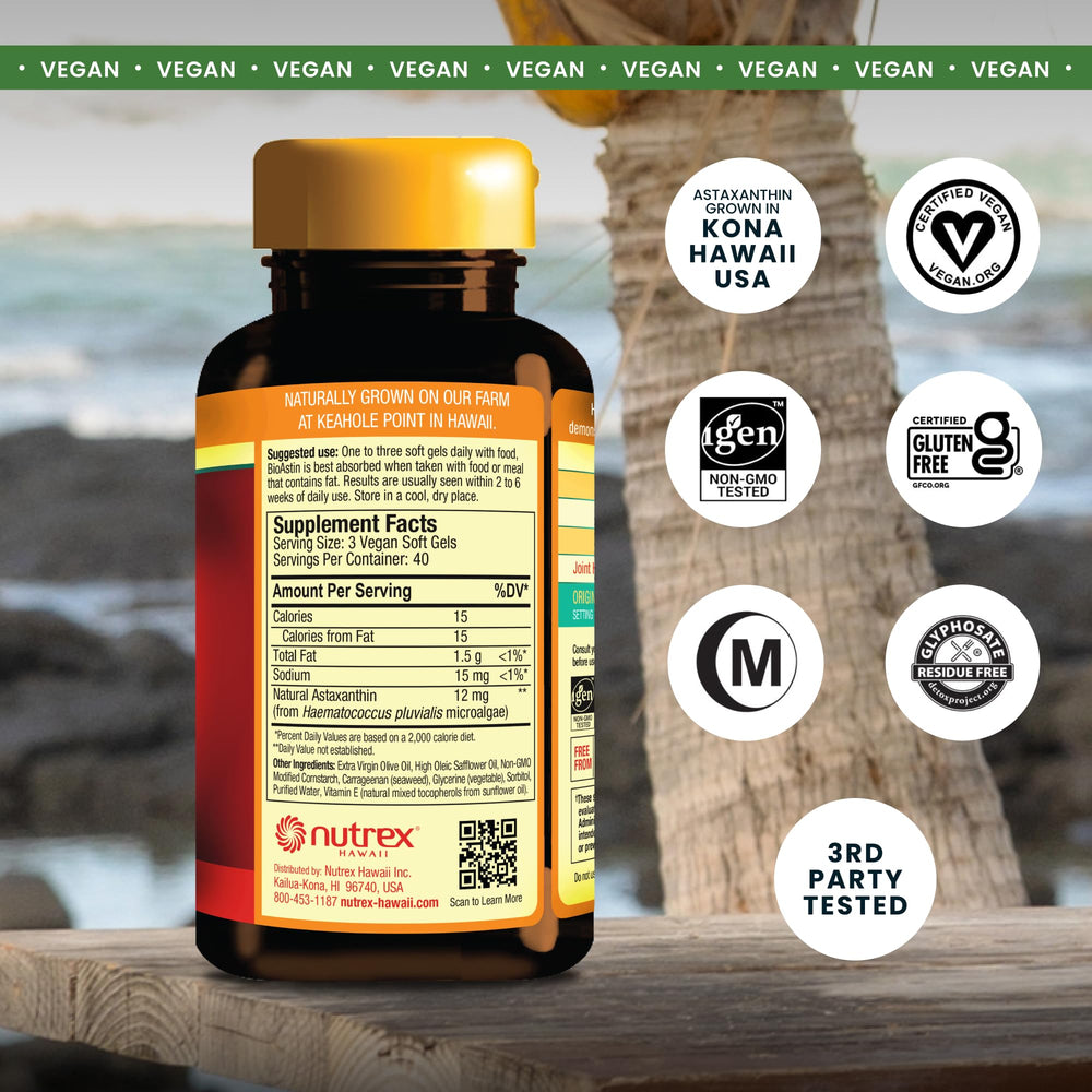 Nutrex Hawaii BioAstin softgel close-up highlighting vegan capsules.