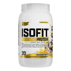Nutrex IsoFit Banana Foster bottle shown for a protein-packed post-workout shake
