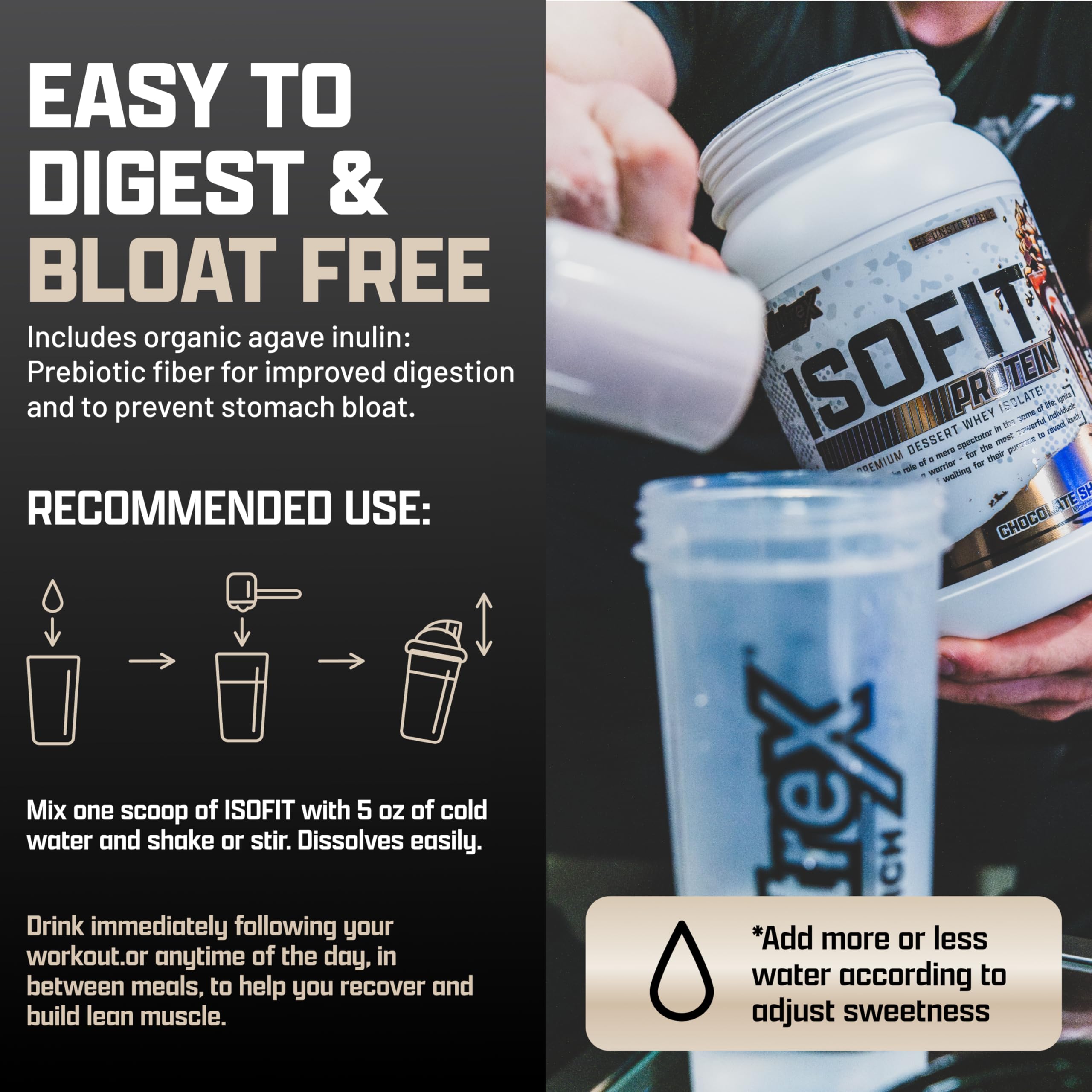 Nutrex IsoFit Vanilla Bean Ice Cream powder in shaker for a quick protein boost
