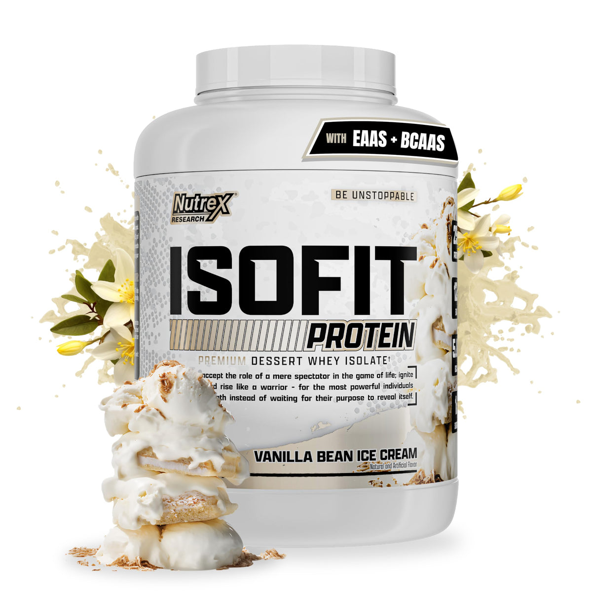 Nutrex IsoFit Vanilla Bean Ice Cream powder ready to mix for a smooth post-workout shake