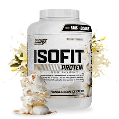 Nutrex IsoFit Vanilla Bean Ice Cream powder ready to mix for a smooth post-workout shake