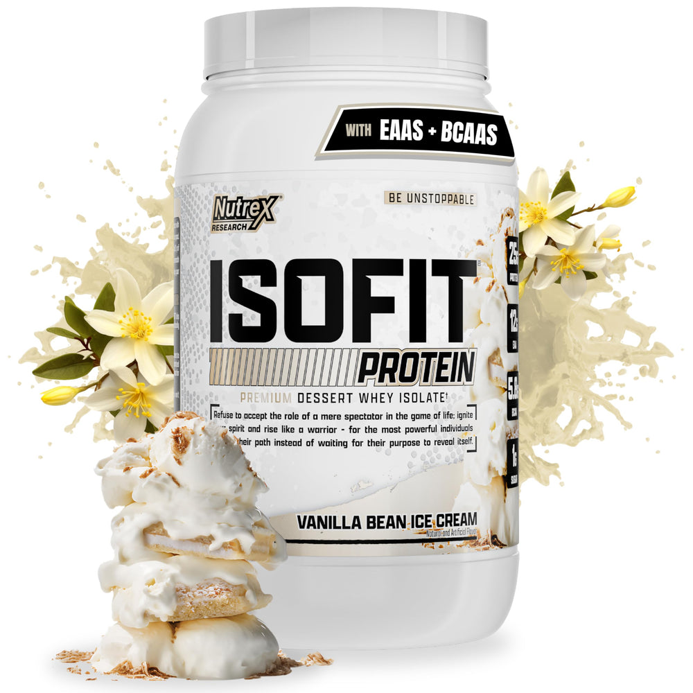Nutrex IsoFit whey isolate vanilla bean ice cream powder enhances flavor and supports lean muscle