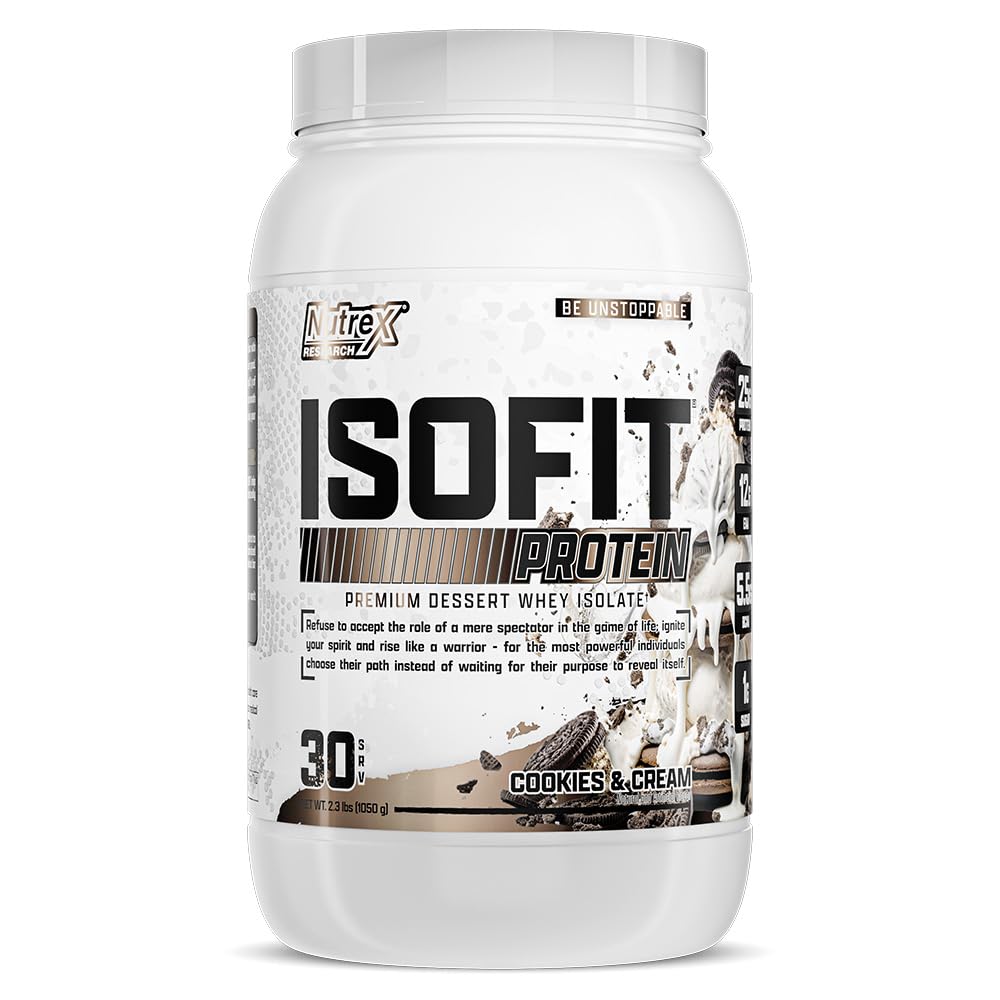 Nutrex IsoFit whey protein isolate Cookies & Cream bottle ready to shake for fast absorption and lean gains