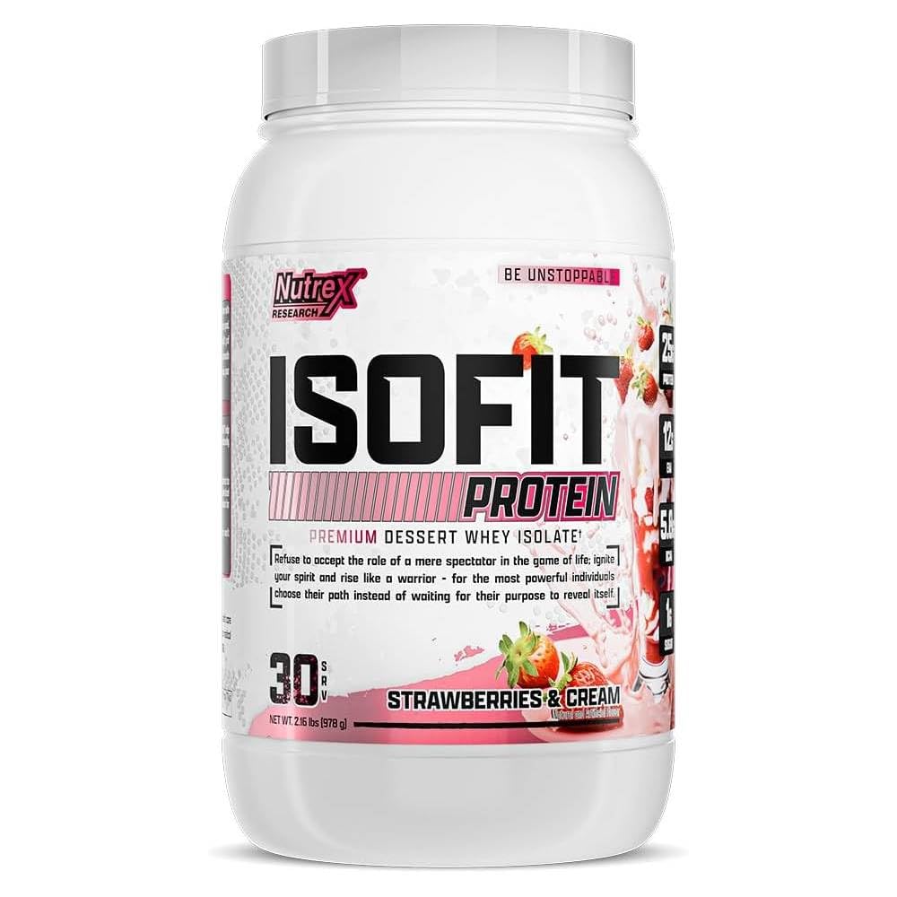 Nutrex IsoFit whey protein jar with strawberries & cream for post-workout recovery.