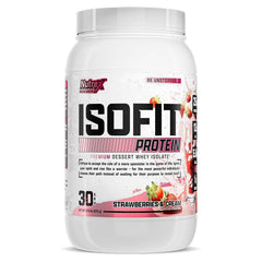 Nutrex IsoFit whey protein jar with strawberries & cream for post-workout recovery.
