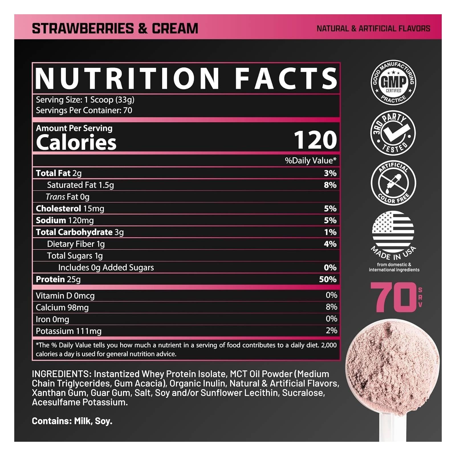 Close-up of Nutrex IsoFit label highlighting whey isolate content.