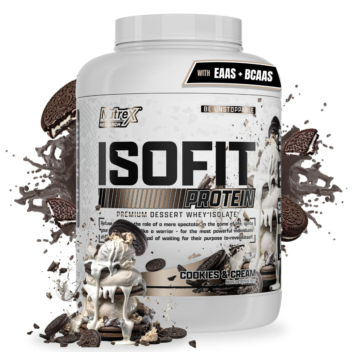 Nutrex IsoFit whey protein scoop highlighting fast-absorbing protein for post-workout nutrition.