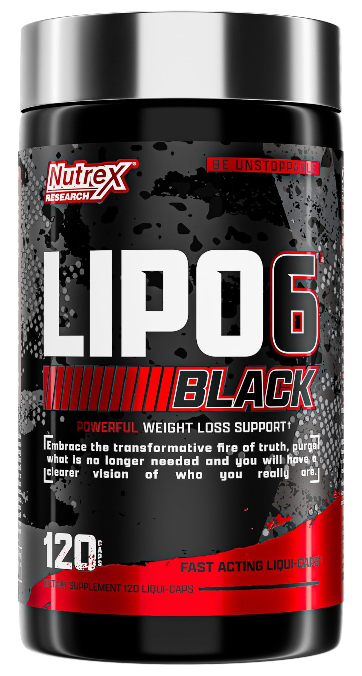 Nutrex Lipo-6 Black Max bottle front highlighting bold branding for potent fat burning.